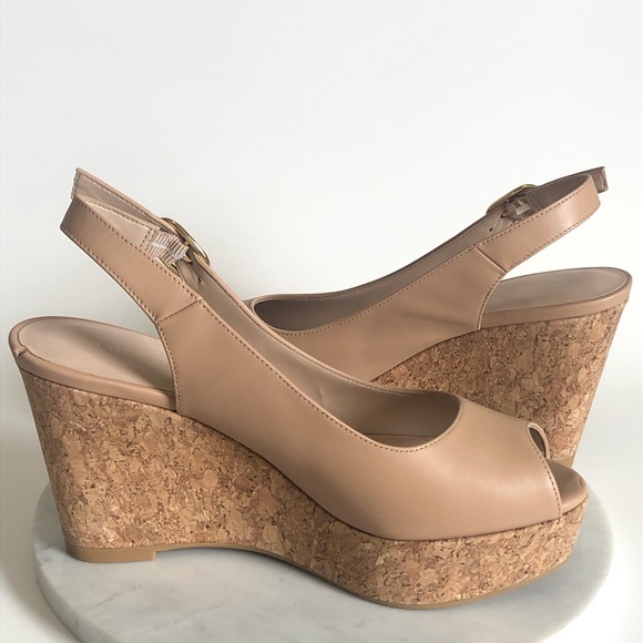 Stuart Weitzman Nude Peep Toe Slingback Wedge Sandals - Picture 3 of 17